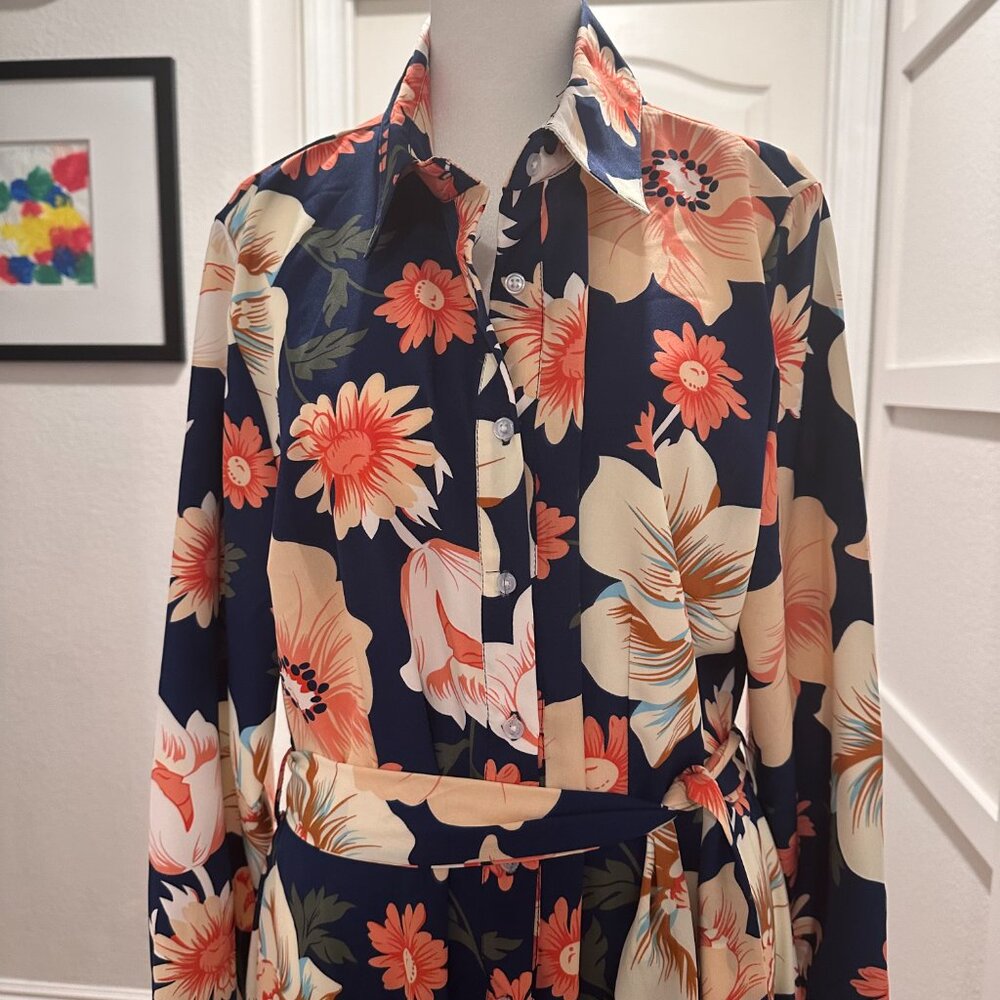 Women Casual Lapel Collar Floral Button Down Long Sleeve Belted Shirt Dress XL - Picture 3 of 6